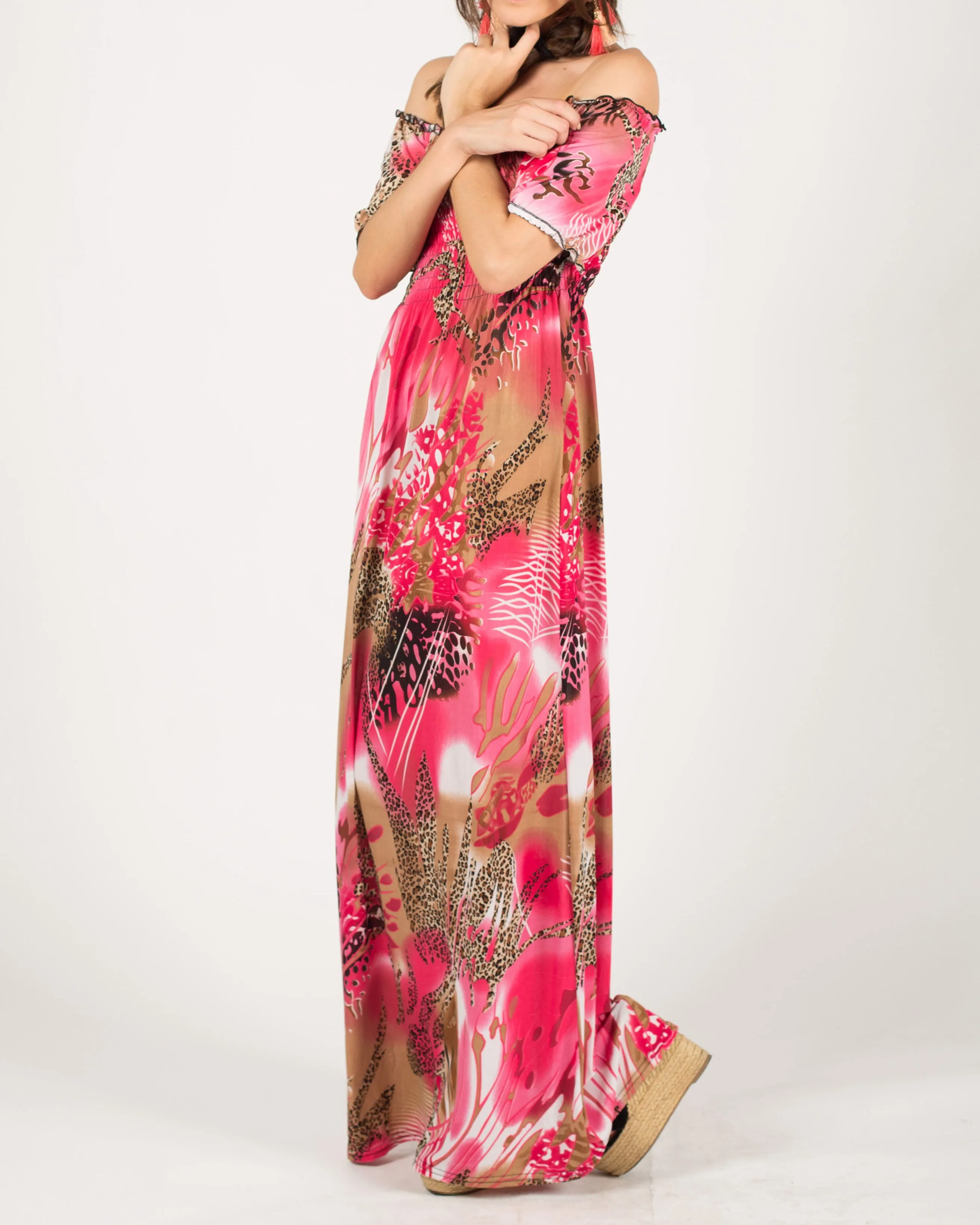 Floral print and leopard print Off Shoulder maxi dress