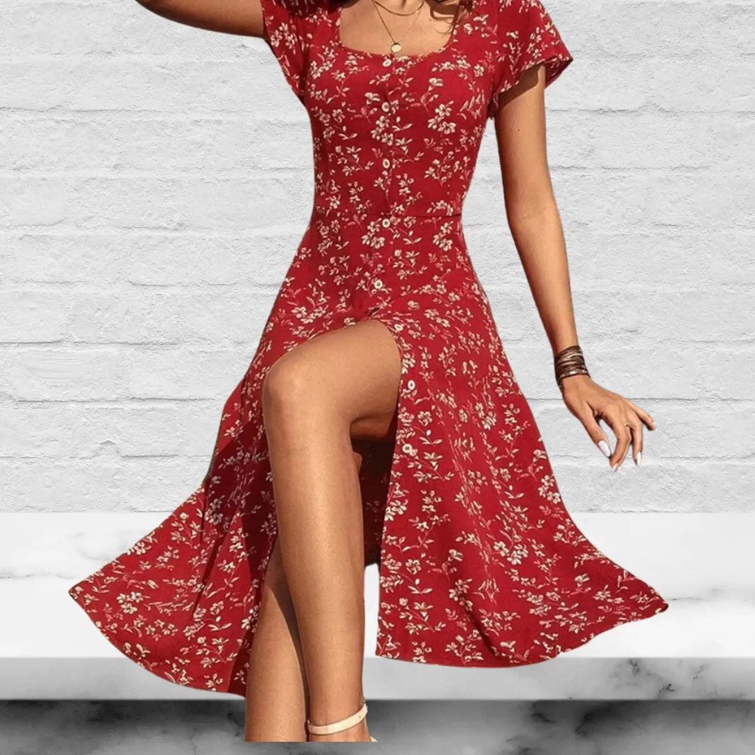 Floral Printed Square Neck Short Sleeves Casual Dress