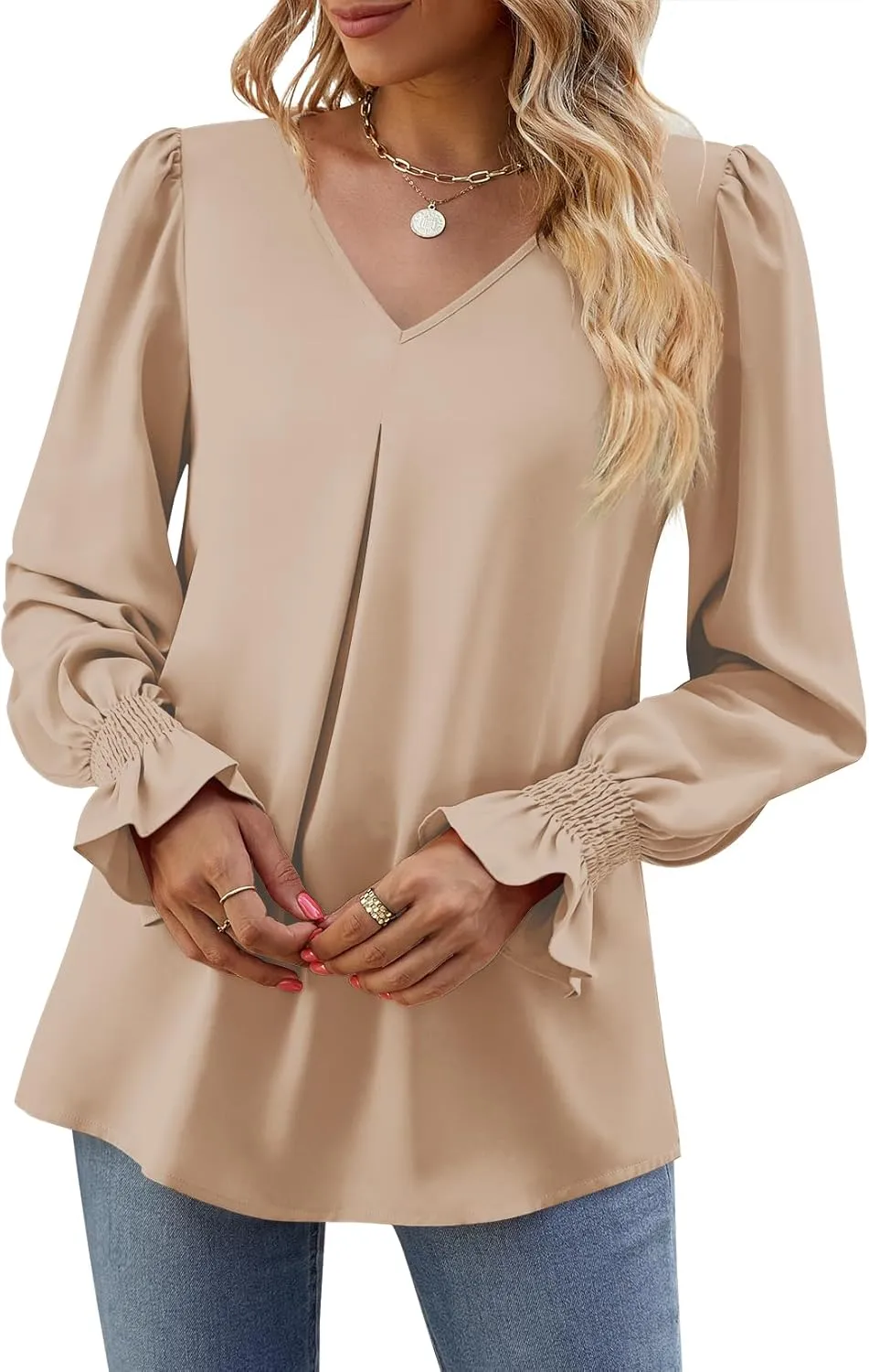 Funlingo Women's 2024 Long Sleeve Tops Dressy Casual V Neck Tunic Shirts Loose Chiffon Work Blouse