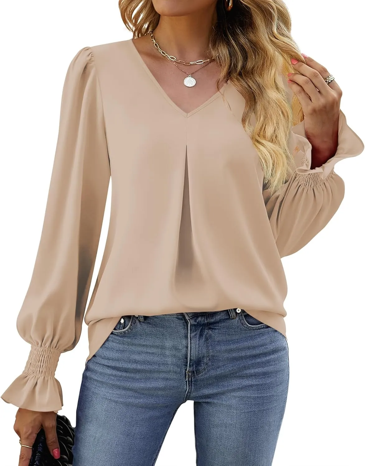 Funlingo Women's 2024 Long Sleeve Tops Dressy Casual V Neck Tunic Shirts Loose Chiffon Work Blouse