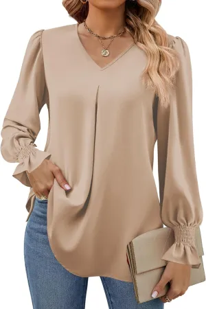 Funlingo Women's 2024 Long Sleeve Tops Dressy Casual V Neck Tunic Shirts Loose Chiffon Work Blouse