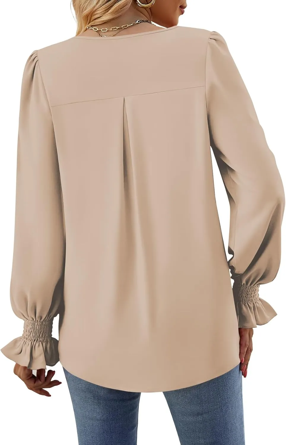 Funlingo Women's 2024 Long Sleeve Tops Dressy Casual V Neck Tunic Shirts Loose Chiffon Work Blouse