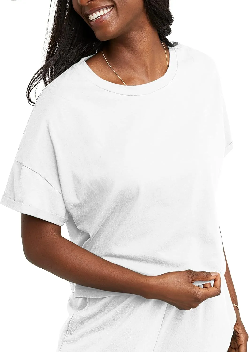 Hanes Women's Originals Boxy T-Shirt with Rolled Sleeves, 100% Cotton Crop Top