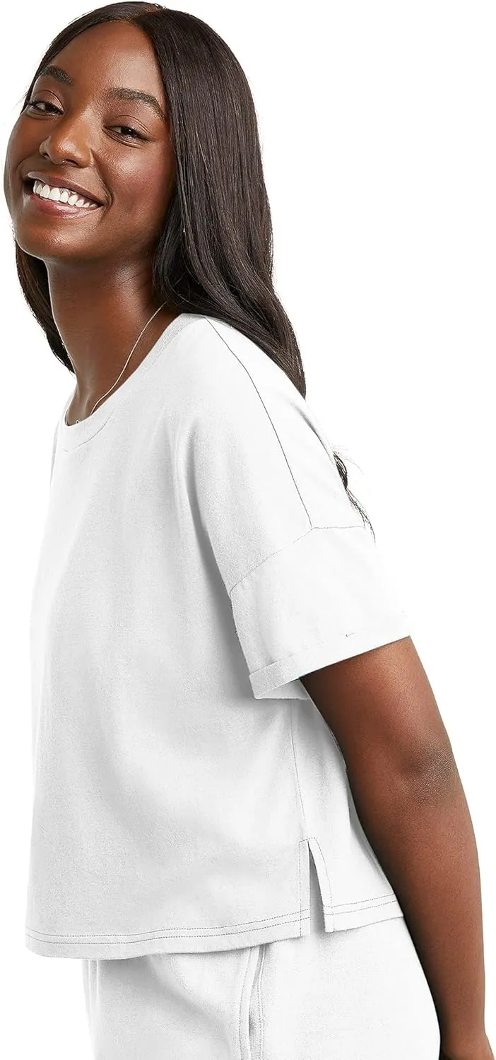 Hanes Women's Originals Boxy T-Shirt with Rolled Sleeves, 100% Cotton Crop Top