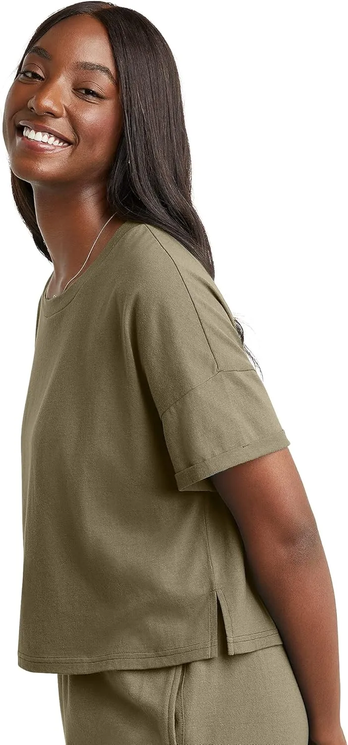 Hanes Women's Originals Boxy T-Shirt with Rolled Sleeves, 100% Cotton Crop Top