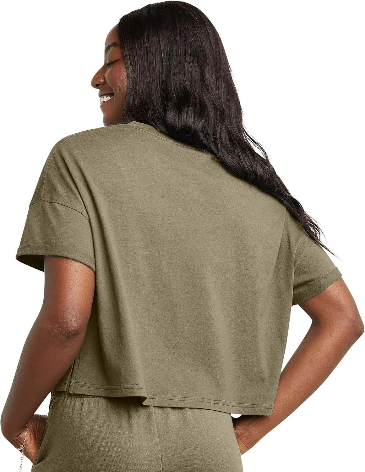 Hanes Women's Originals Boxy T-Shirt with Rolled Sleeves, 100% Cotton Crop Top
