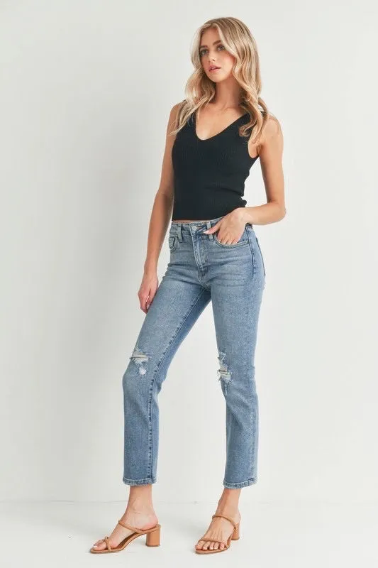 High Rise Straight Leg Distressed Medium Denim Wash Jeans by Just USA