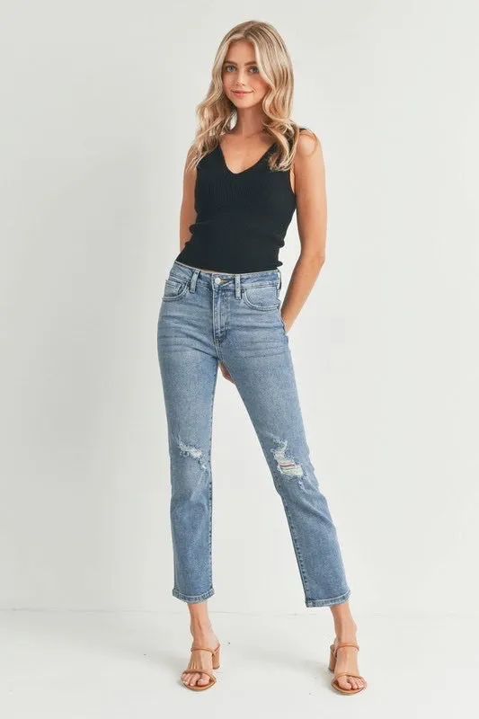 High Rise Straight Leg Distressed Medium Denim Wash Jeans by Just USA