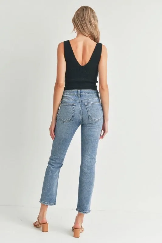 High Rise Straight Leg Distressed Medium Denim Wash Jeans by Just USA