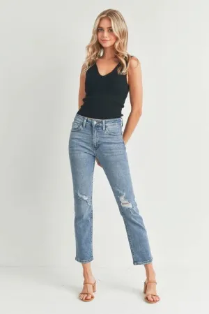 High Rise Straight Leg Distressed Medium Denim Wash Jeans by Just USA