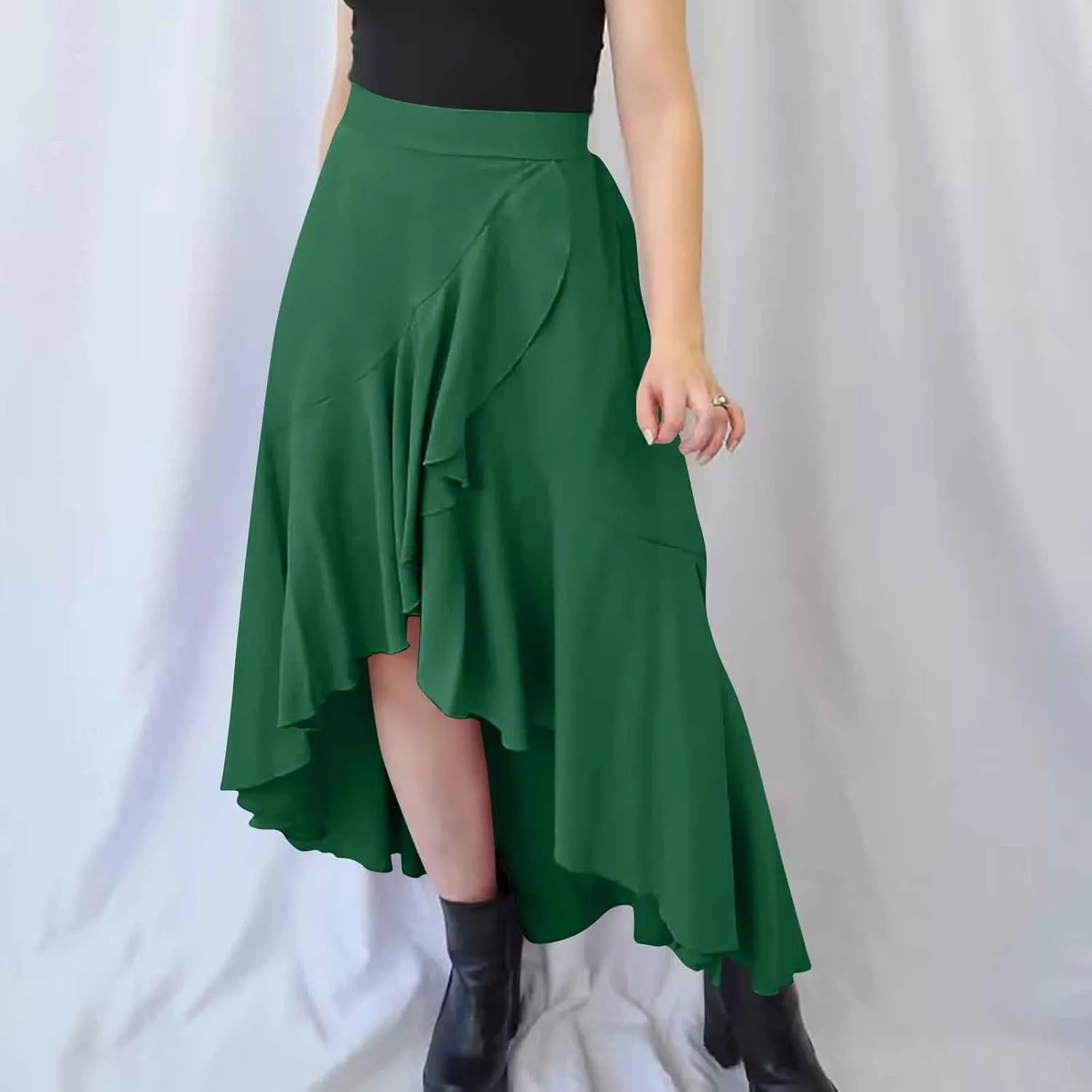 JOAU High Waist Wrap Irregular Flowy Ruffle Skirts for Women Trendy Summer High Low Slit Front A-line Midi Skirt