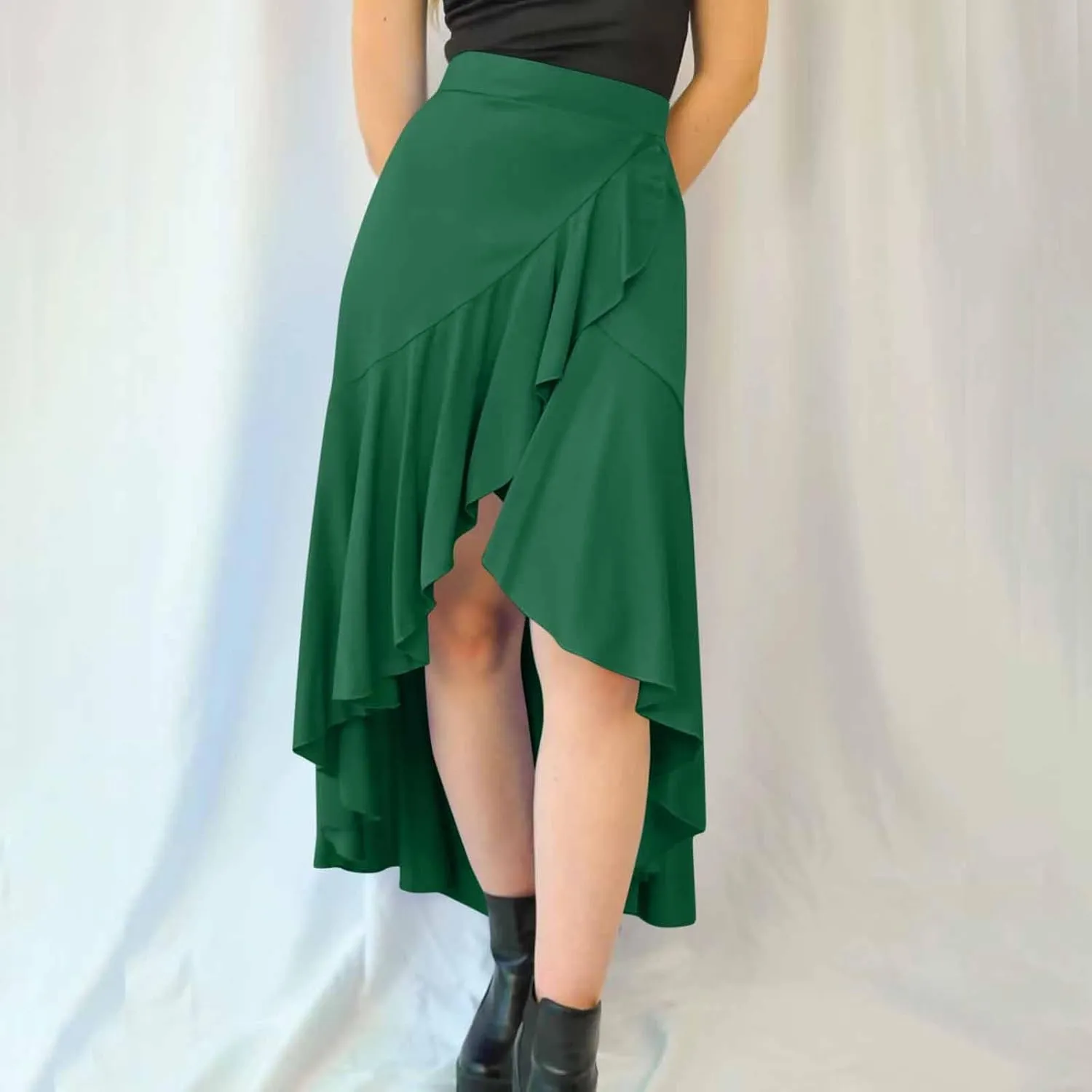 JOAU High Waist Wrap Irregular Flowy Ruffle Skirts for Women Trendy Summer High Low Slit Front A-line Midi Skirt