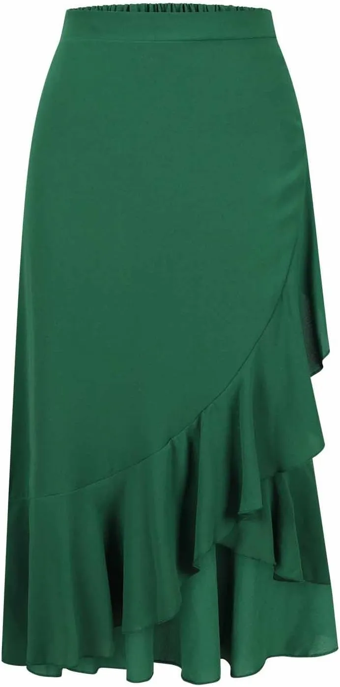 JOAU High Waist Wrap Irregular Flowy Ruffle Skirts for Women Trendy Summer High Low Slit Front A-line Midi Skirt