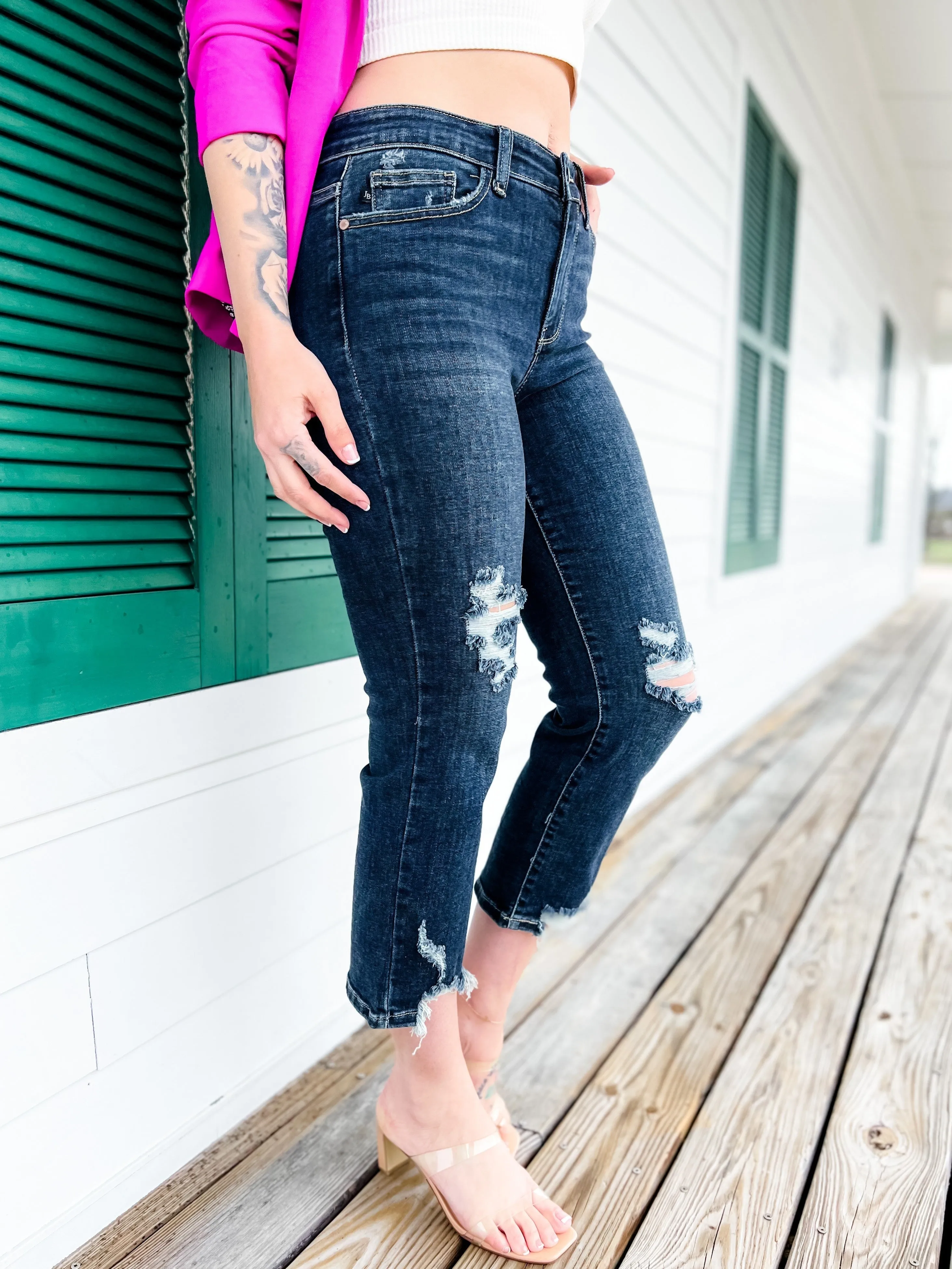Judy Blue After Hours Dark Wash Destroyed Hem Cropped Straight Leg Jeans