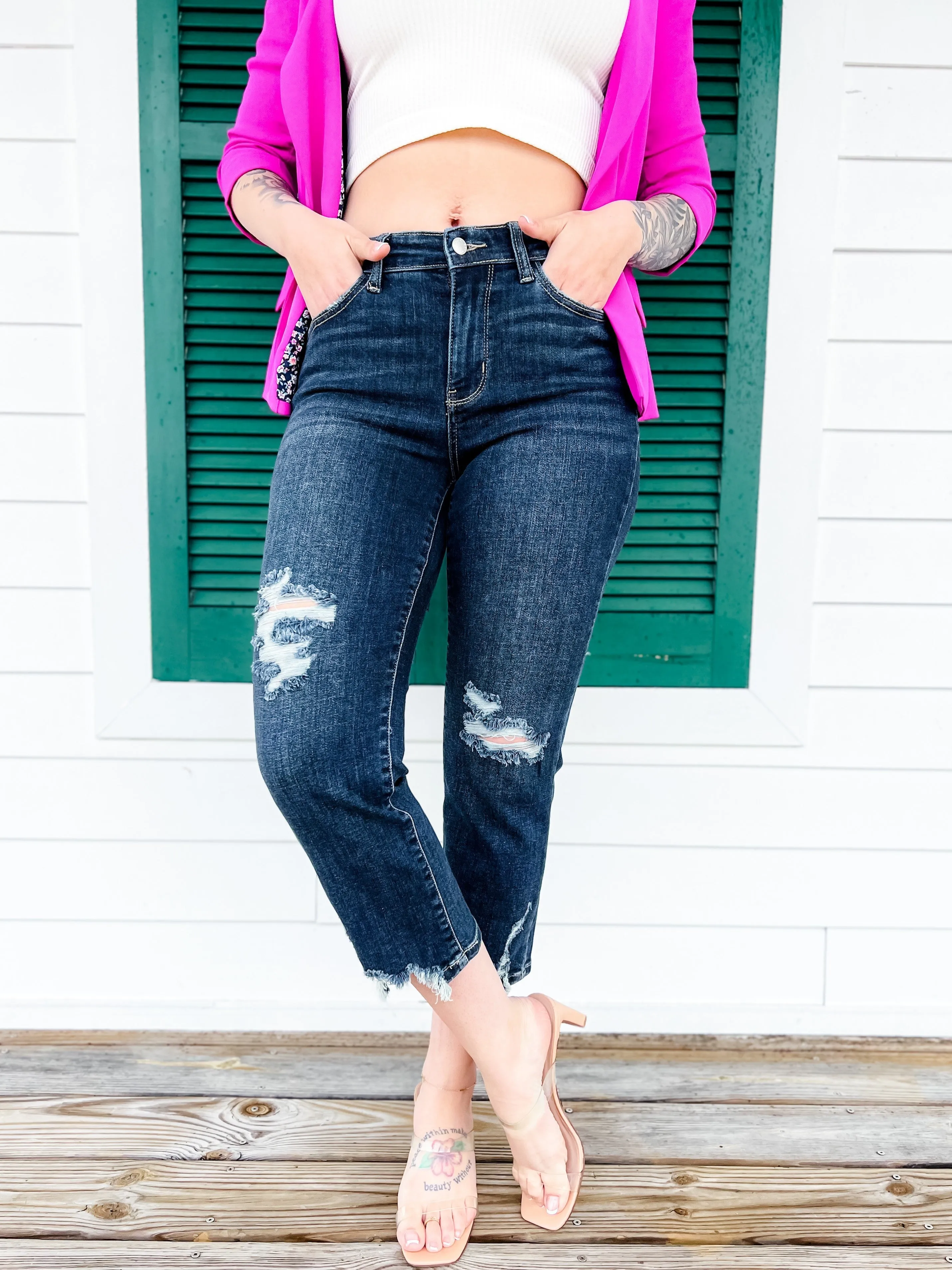 Judy Blue After Hours Dark Wash Destroyed Hem Cropped Straight Leg Jeans