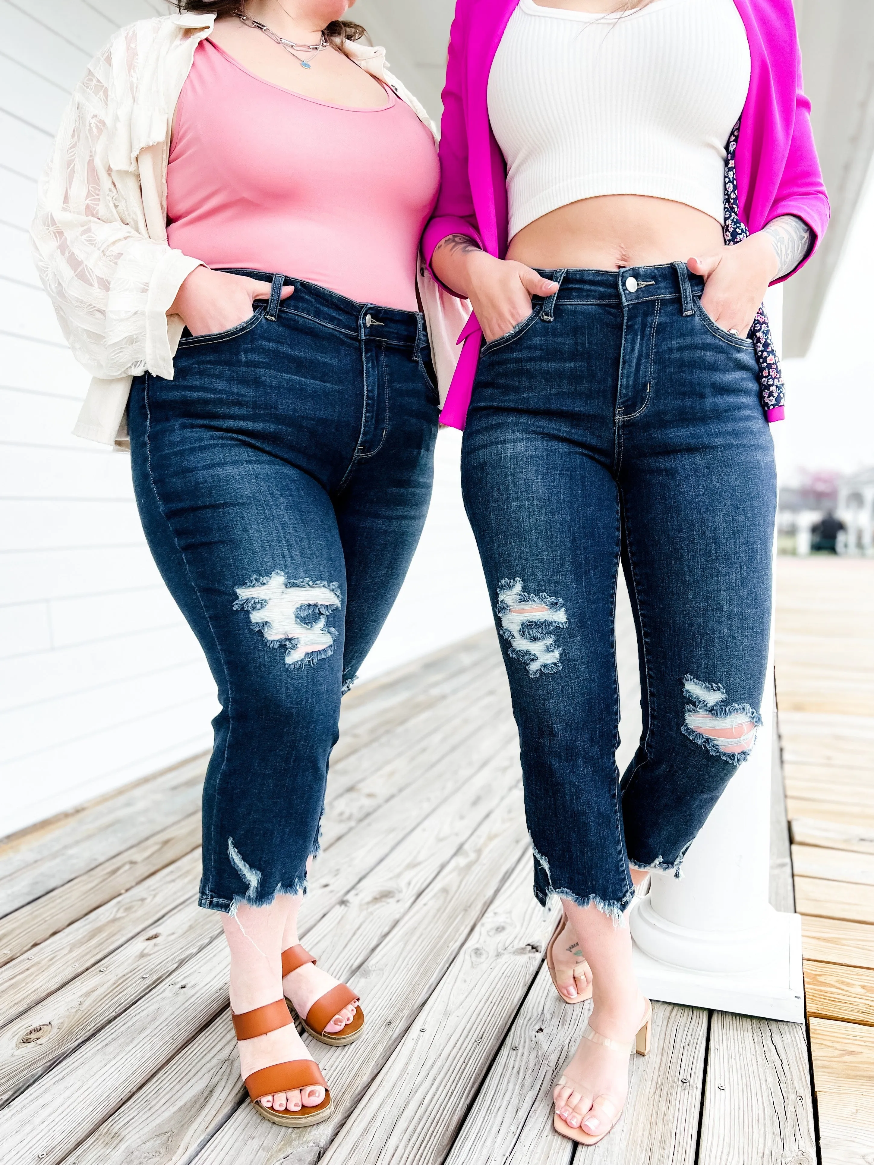 Judy Blue After Hours Dark Wash Destroyed Hem Cropped Straight Leg Jeans
