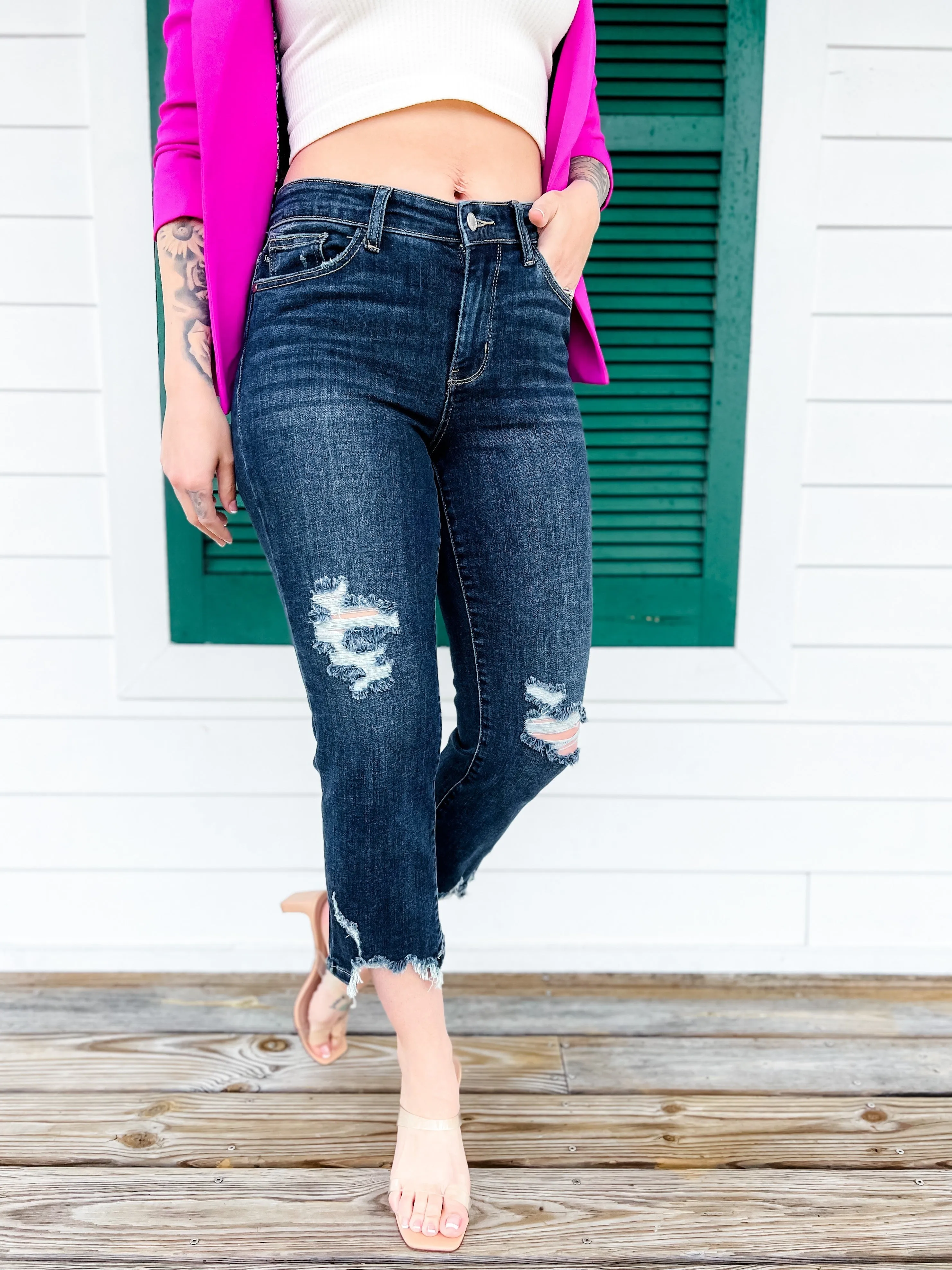 Judy Blue After Hours Dark Wash Destroyed Hem Cropped Straight Leg Jeans