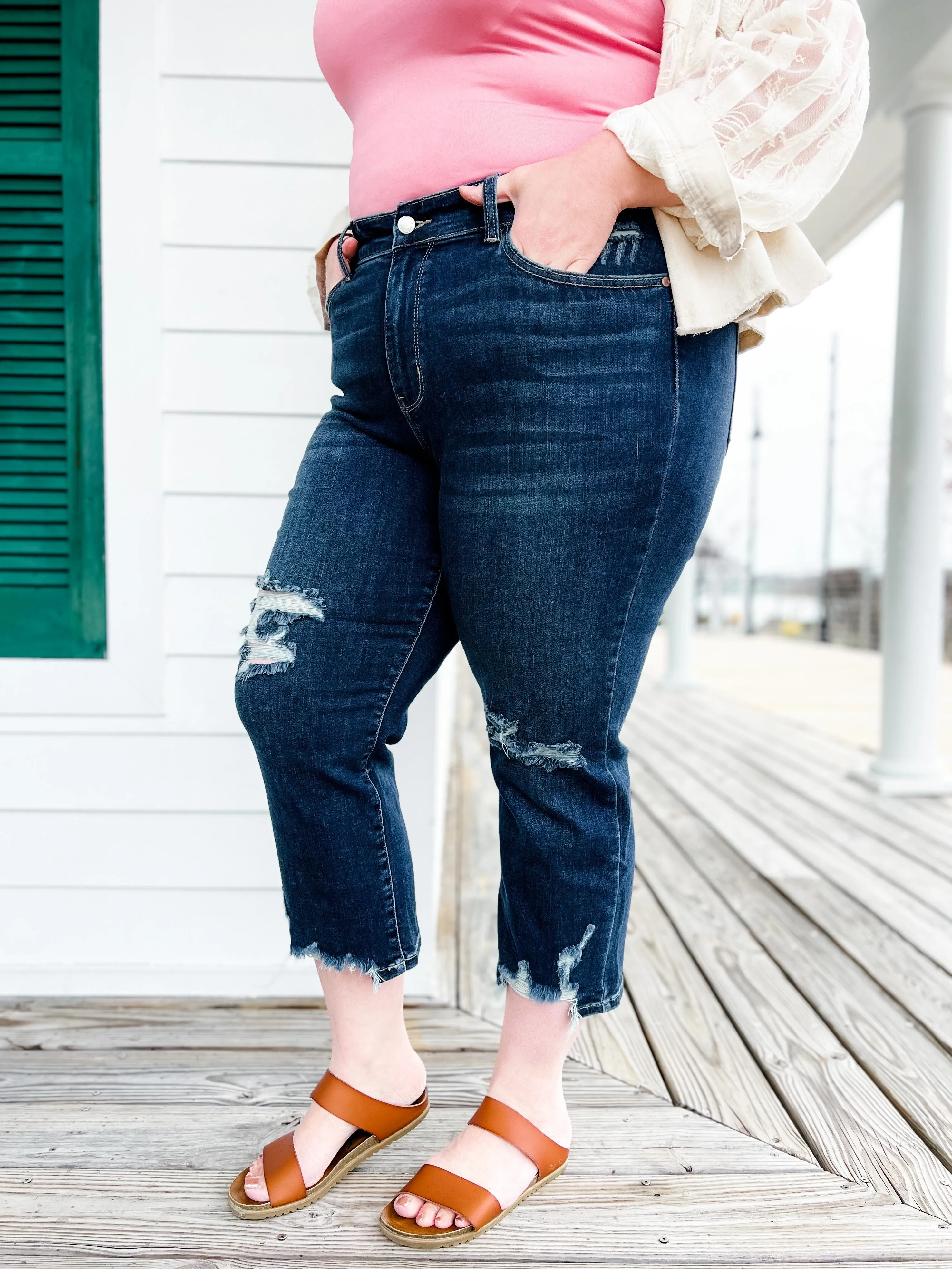 Judy Blue After Hours Dark Wash Destroyed Hem Cropped Straight Leg Jeans