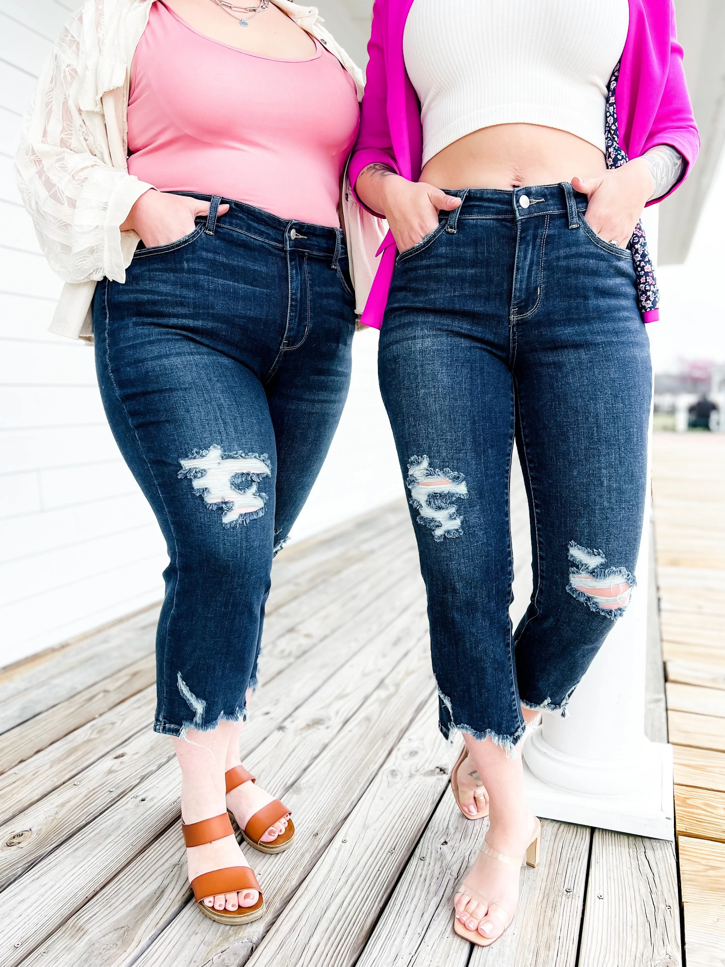 Judy Blue After Hours Dark Wash Destroyed Hem Cropped Straight Leg Jeans