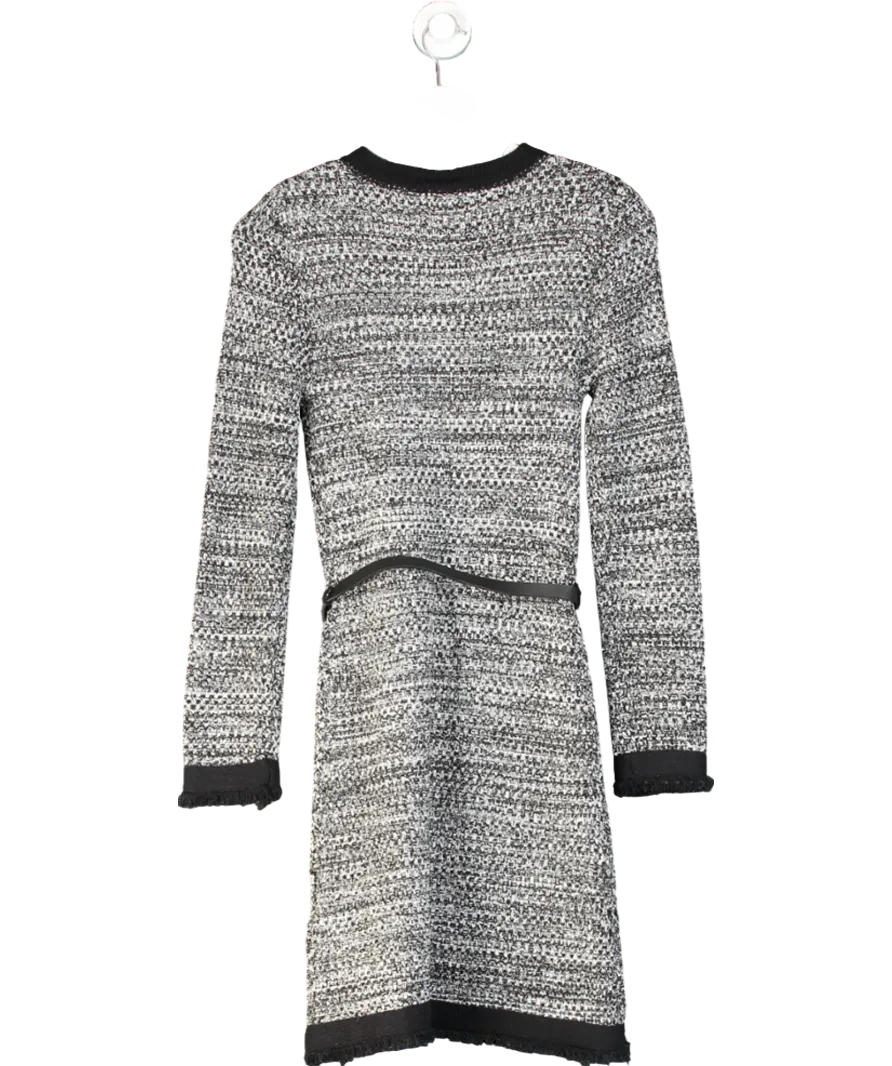 Karen Millen Black Strong Shoulder Belted Tweed Knit Mini Dress UK XS