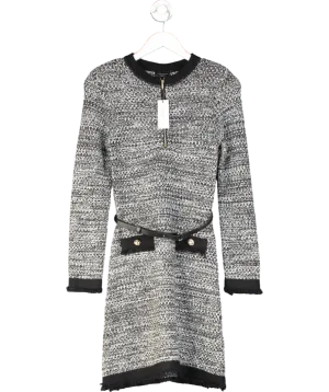 Karen Millen Black Strong Shoulder Belted Tweed Knit Mini Dress UK XS
