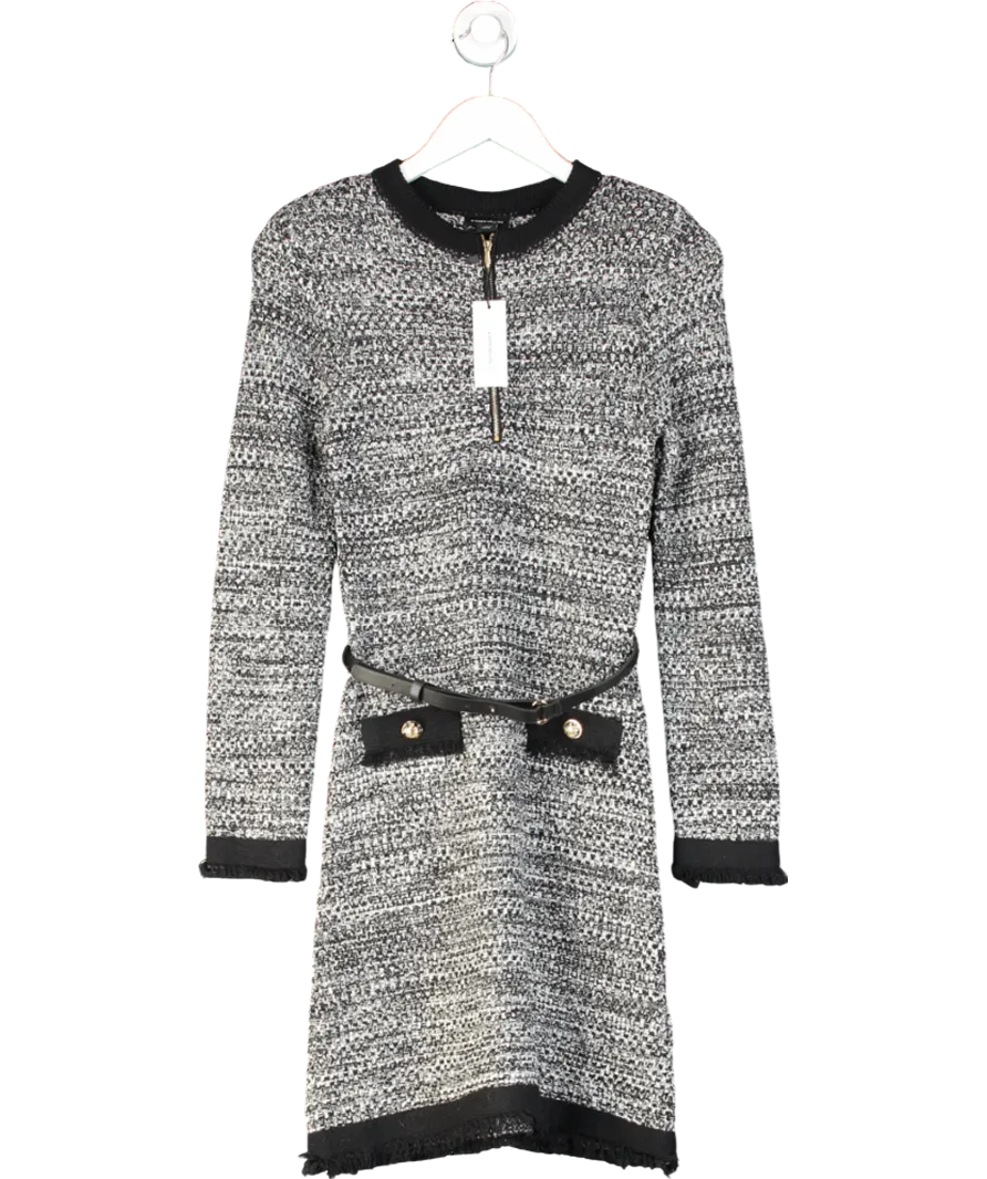 Karen Millen Black Strong Shoulder Belted Tweed Knit Mini Dress UK XS