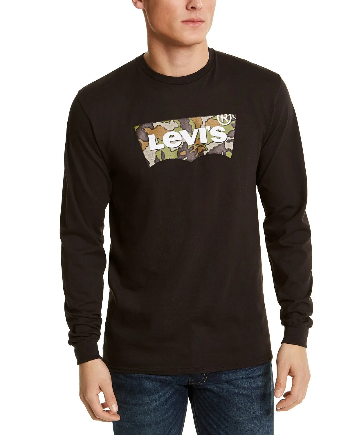 Levi's Men's Long-Sleeve Camo Logo T-Shirt Black Size Small