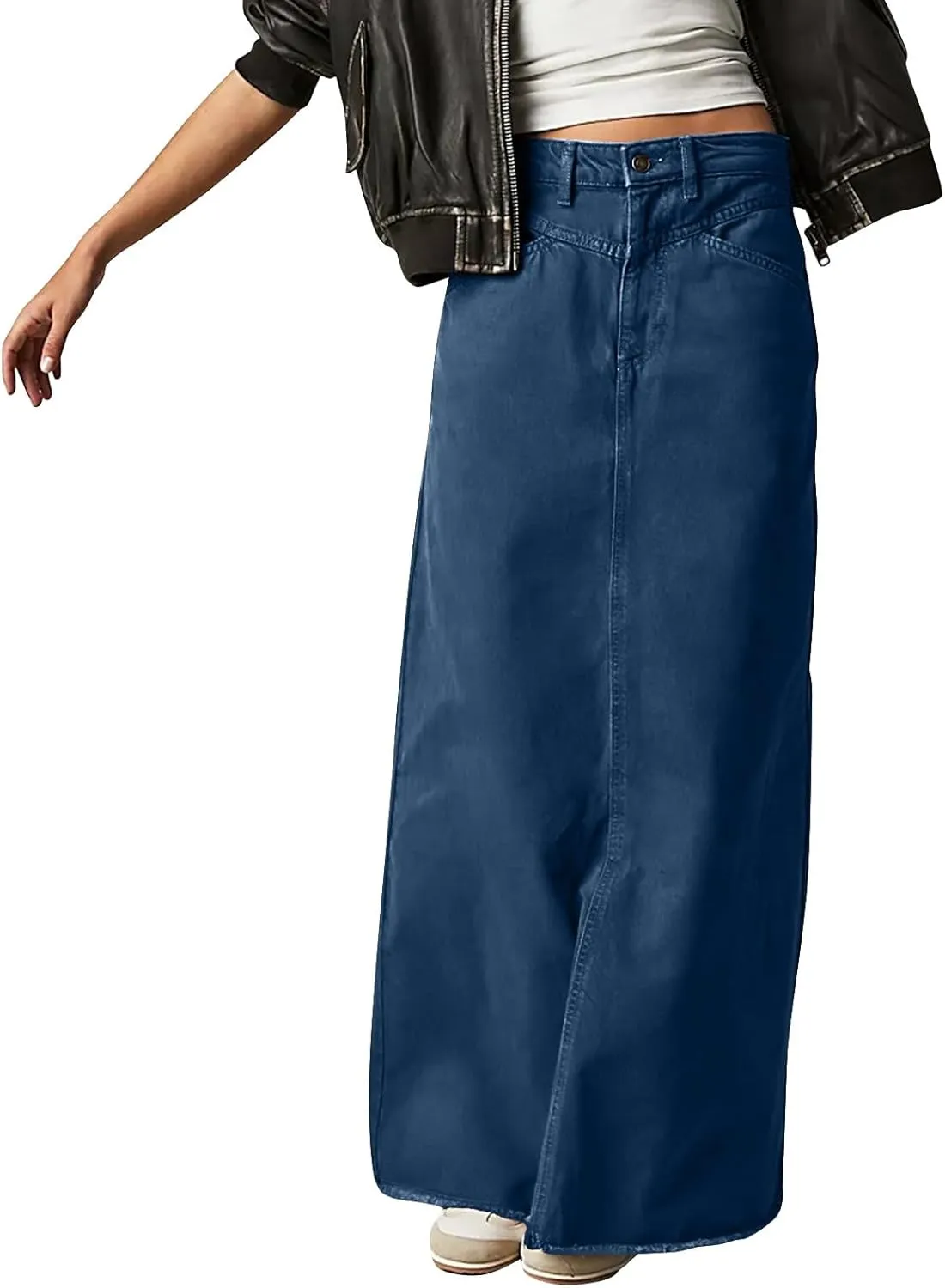 Long Jean Skirt for Women Frayed Hem Denim Maxi Skirt Vintage Casual Y2k High Waisted Denim Skirt with Pockets