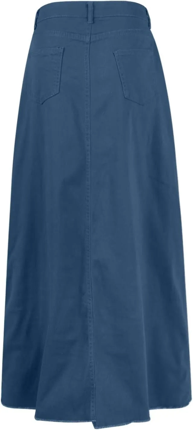 Long Jean Skirt for Women Frayed Hem Denim Maxi Skirt Vintage Casual Y2k High Waisted Denim Skirt with Pockets