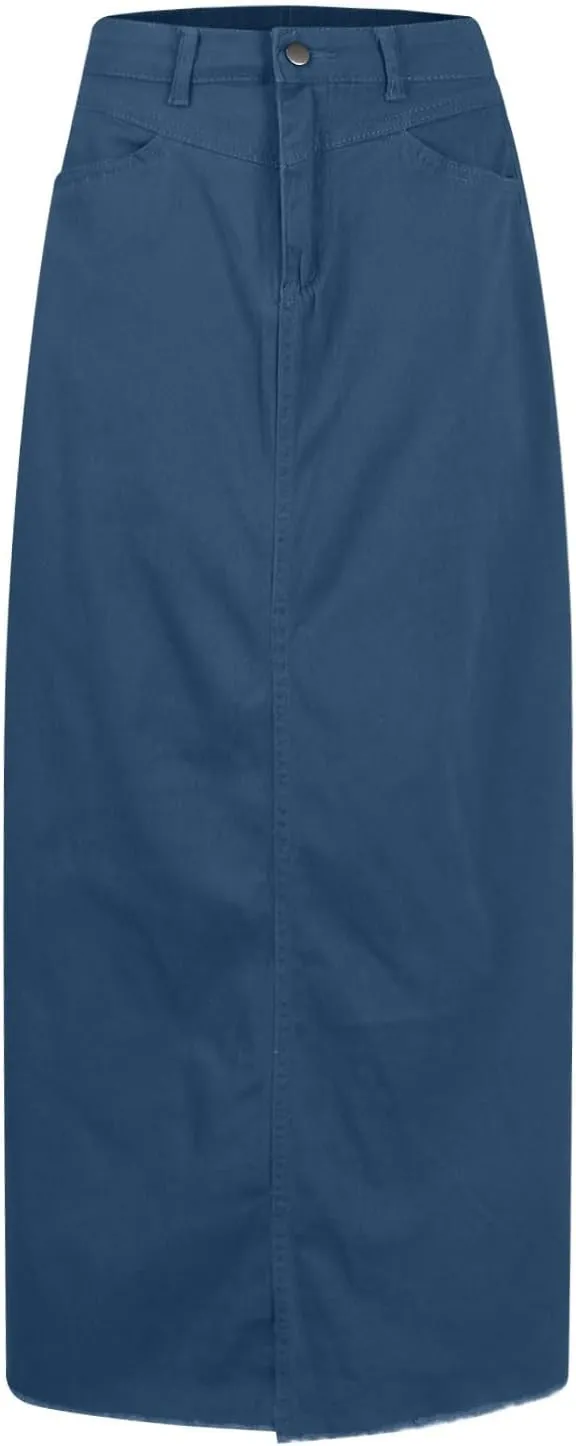 Long Jean Skirt for Women Frayed Hem Denim Maxi Skirt Vintage Casual Y2k High Waisted Denim Skirt with Pockets