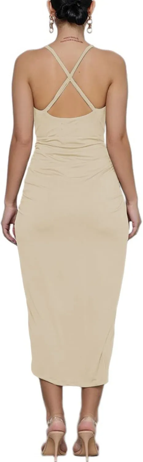 LYANER Women's V Neck Ruched Wrap Slit Hem Sleeveless Spaghetti Strap Midi Bodycon Dress
