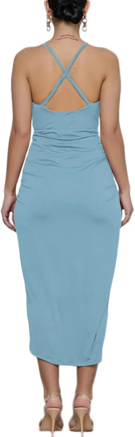 LYANER Women's V Neck Ruched Wrap Slit Hem Sleeveless Spaghetti Strap Midi Bodycon Dress