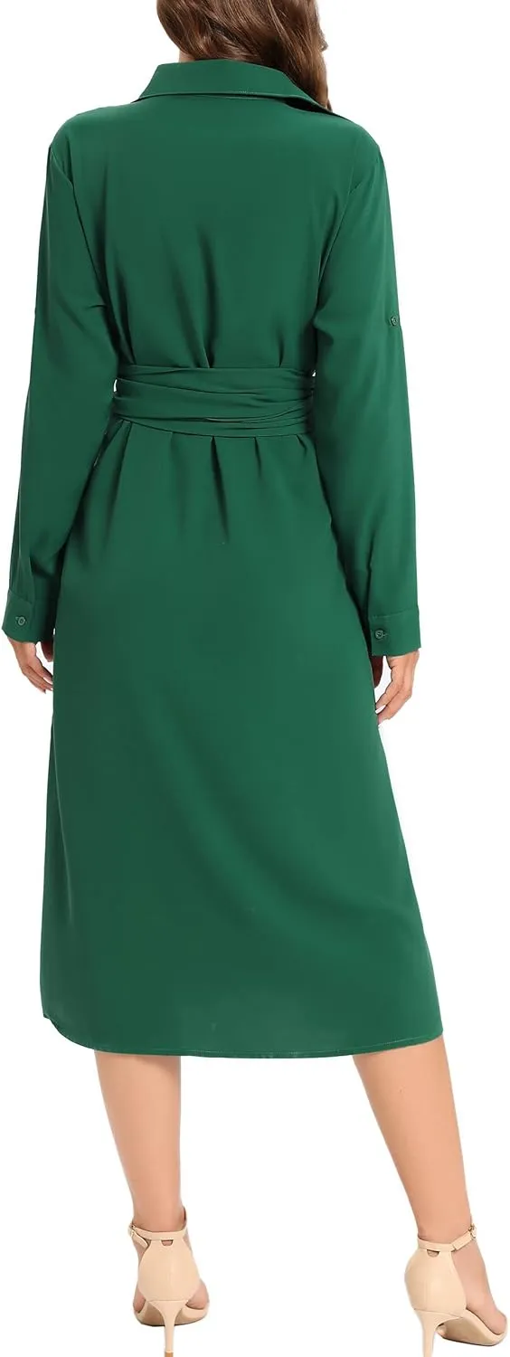 MANAIXUAN Women's Casual Flowy Tie Waist Button Down Long Sleeve Midi Shirt Dress