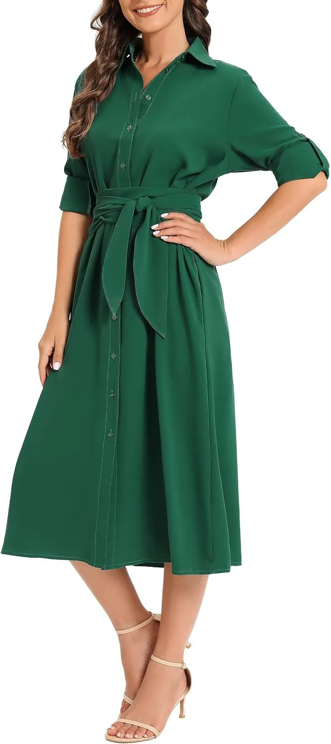 MANAIXUAN Women's Casual Flowy Tie Waist Button Down Long Sleeve Midi Shirt Dress
