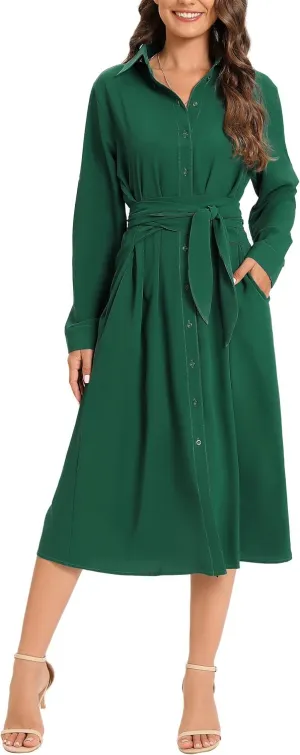 MANAIXUAN Women's Casual Flowy Tie Waist Button Down Long Sleeve Midi Shirt Dress