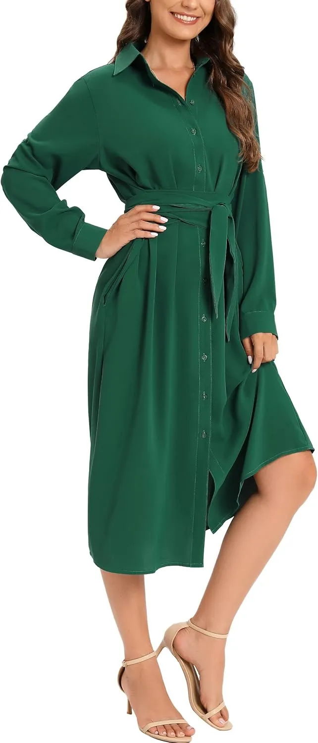 MANAIXUAN Women's Casual Flowy Tie Waist Button Down Long Sleeve Midi Shirt Dress