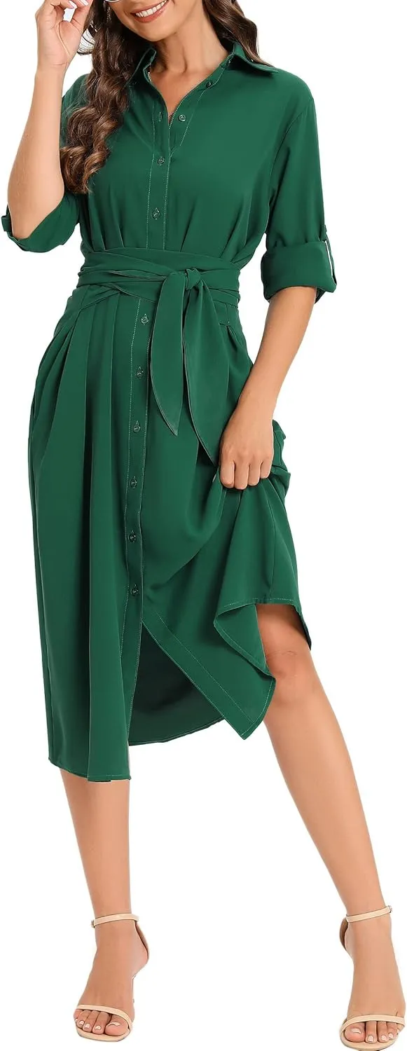 MANAIXUAN Women's Casual Flowy Tie Waist Button Down Long Sleeve Midi Shirt Dress