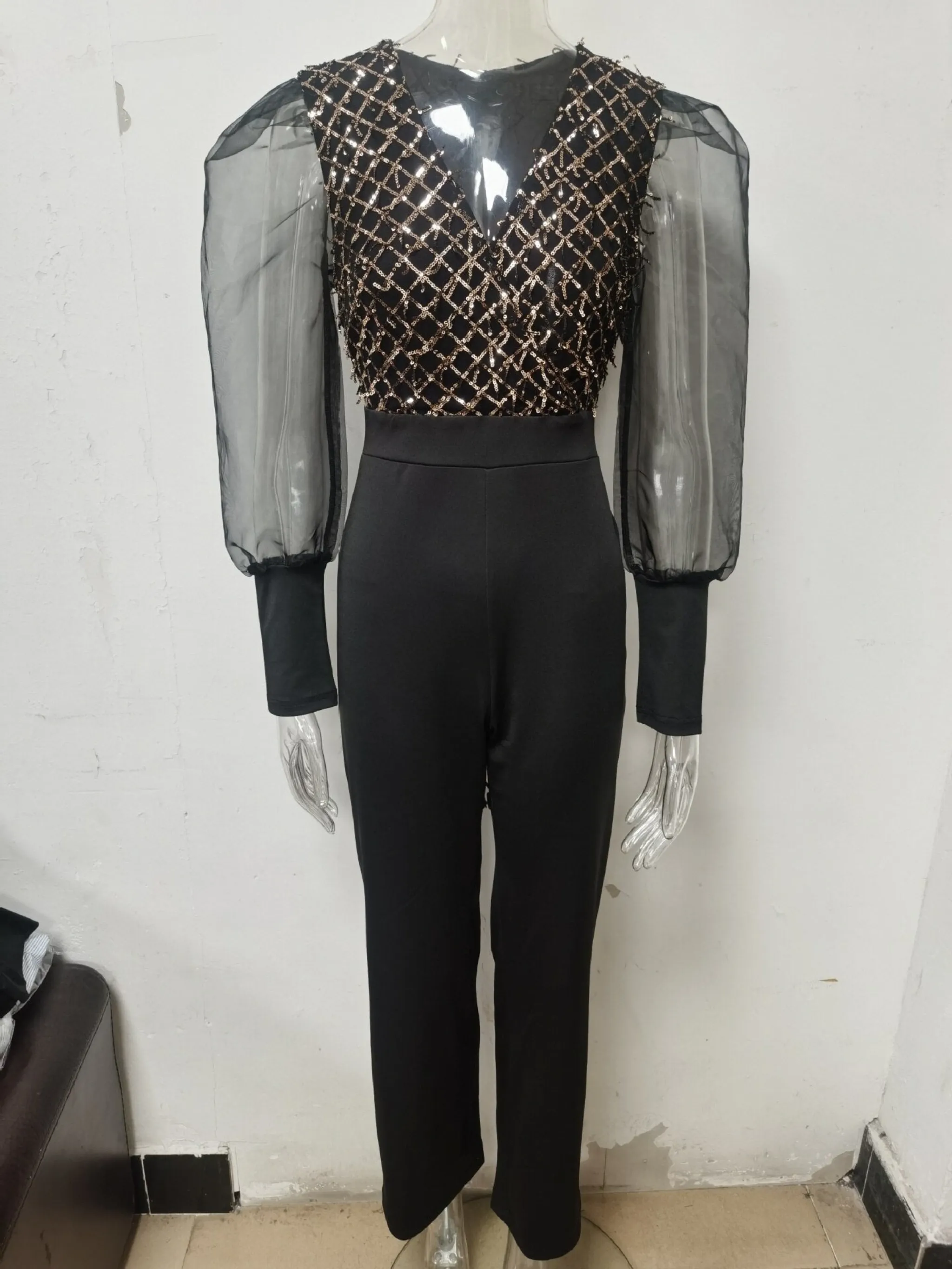 Mesh Long Sleeve Wide Leg Jumpsuit