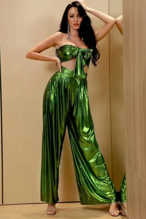 Metallic Green Wide Leg Two Piece Set