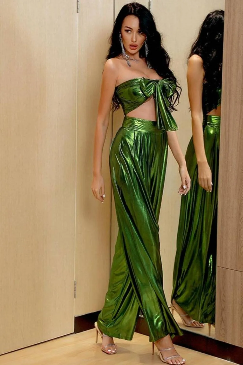Metallic Green Wide Leg Two Piece Set