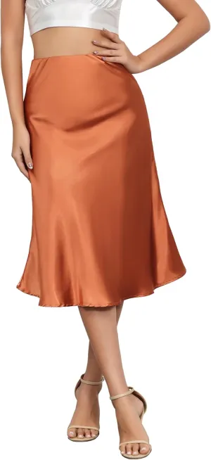 Mist Azur Women Silky Satin Side Split Skirt High Waist Elastic Elegant A Line Midi Skirts for Women