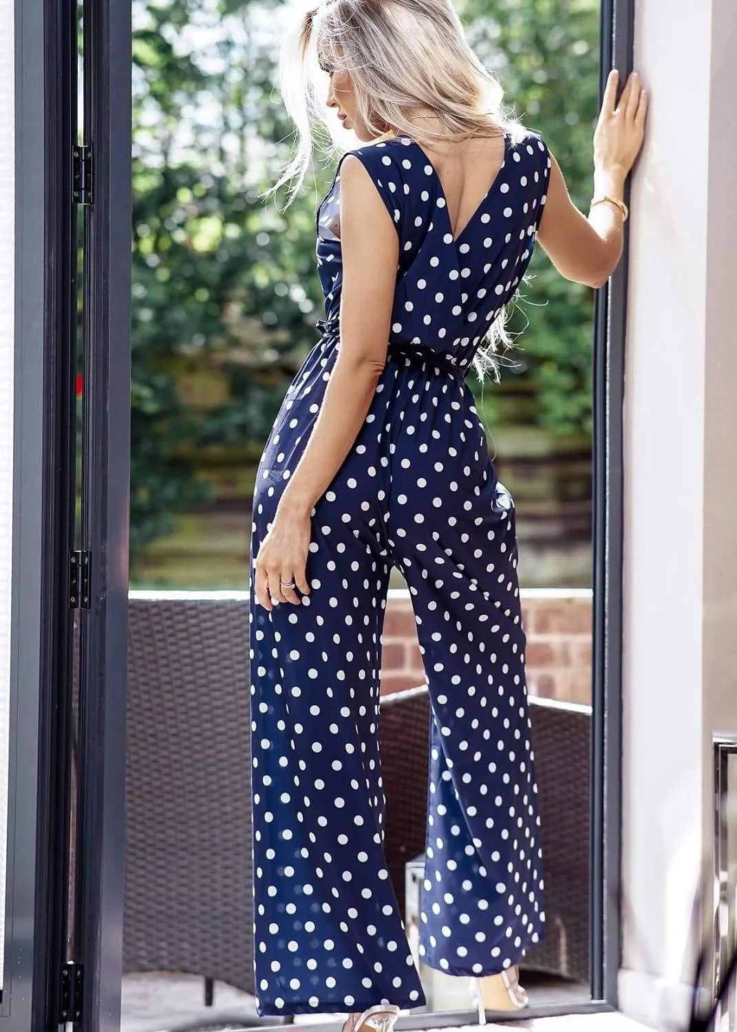 Navy Satin Feel Wide Leg Polka Dot Jumpsuit by Kat