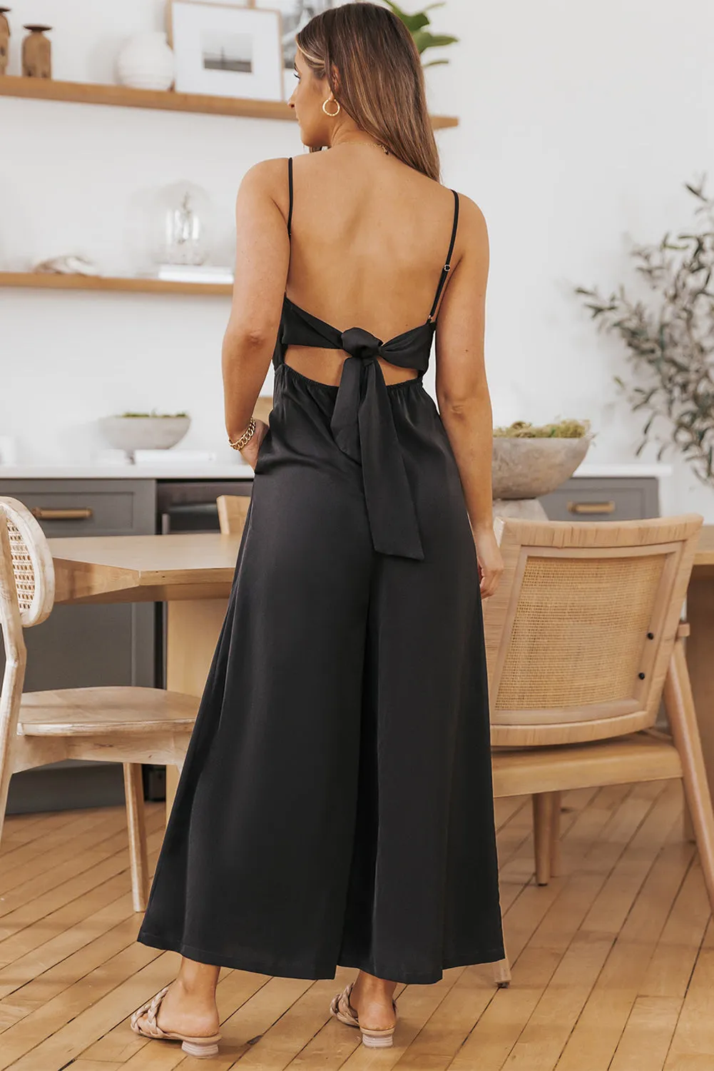 Orange Spaghetti Straps Backless Knot Wide-Leg Jumpsuit