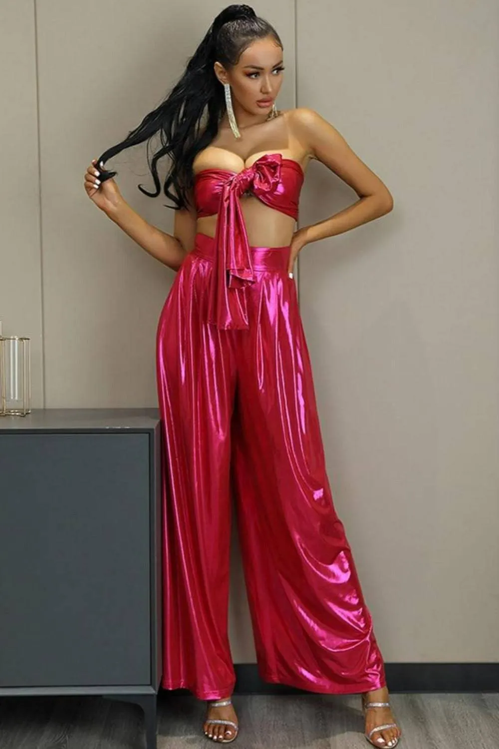 Pink Metallic Wide Leg Two Piece Set