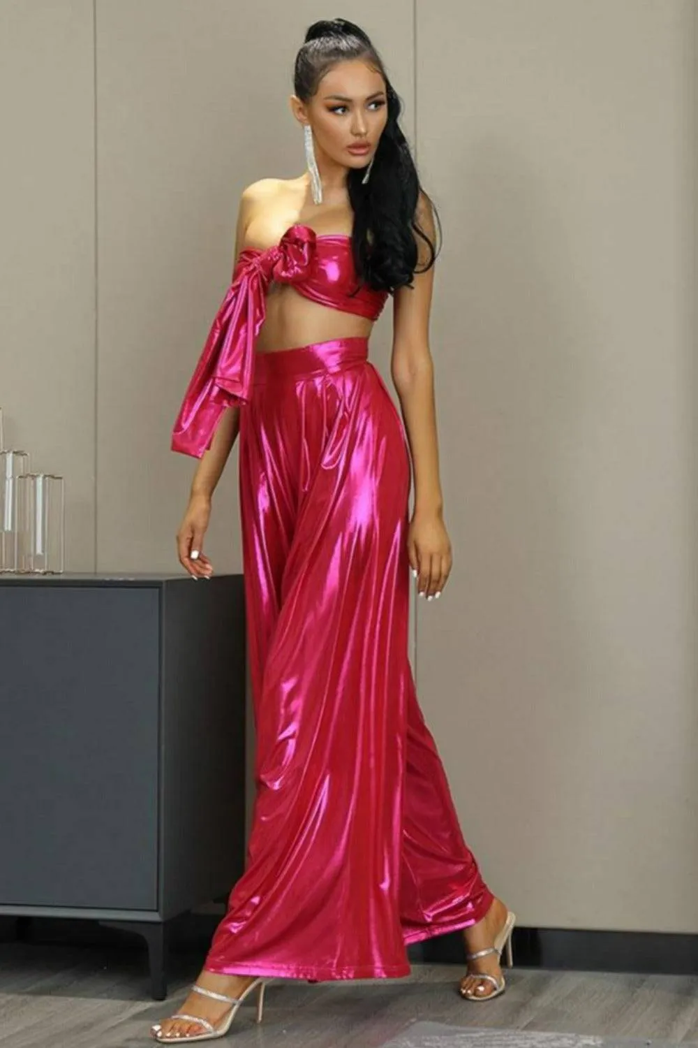 Pink Metallic Wide Leg Two Piece Set