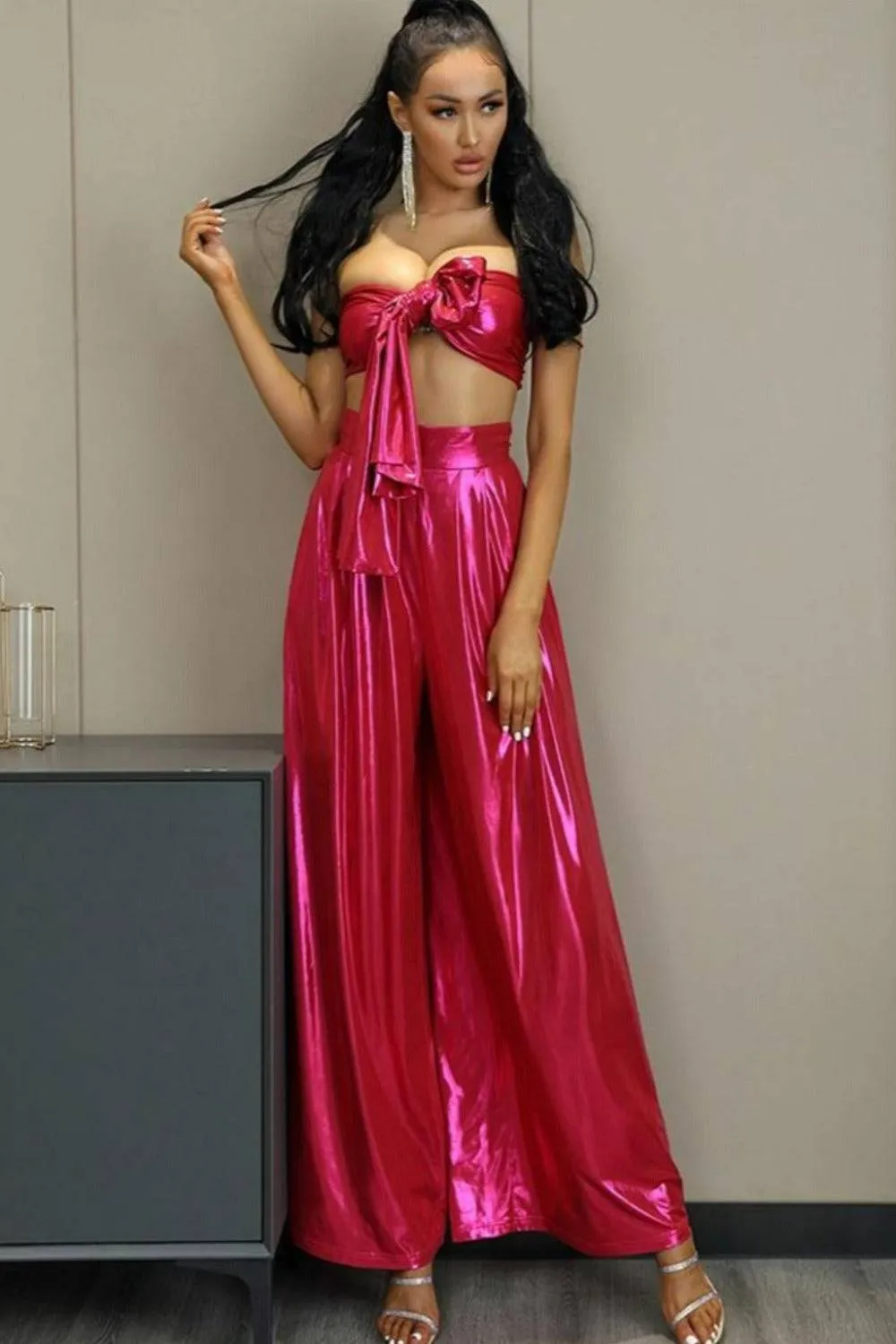 Pink Metallic Wide Leg Two Piece Set