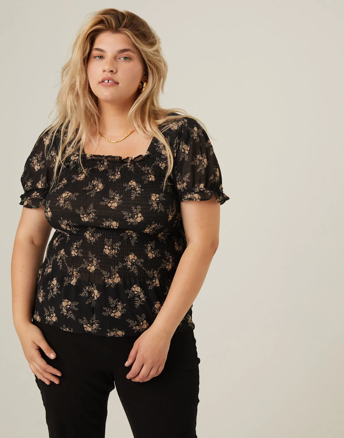 Plus Size Smocked Chiffon Floral Blouse