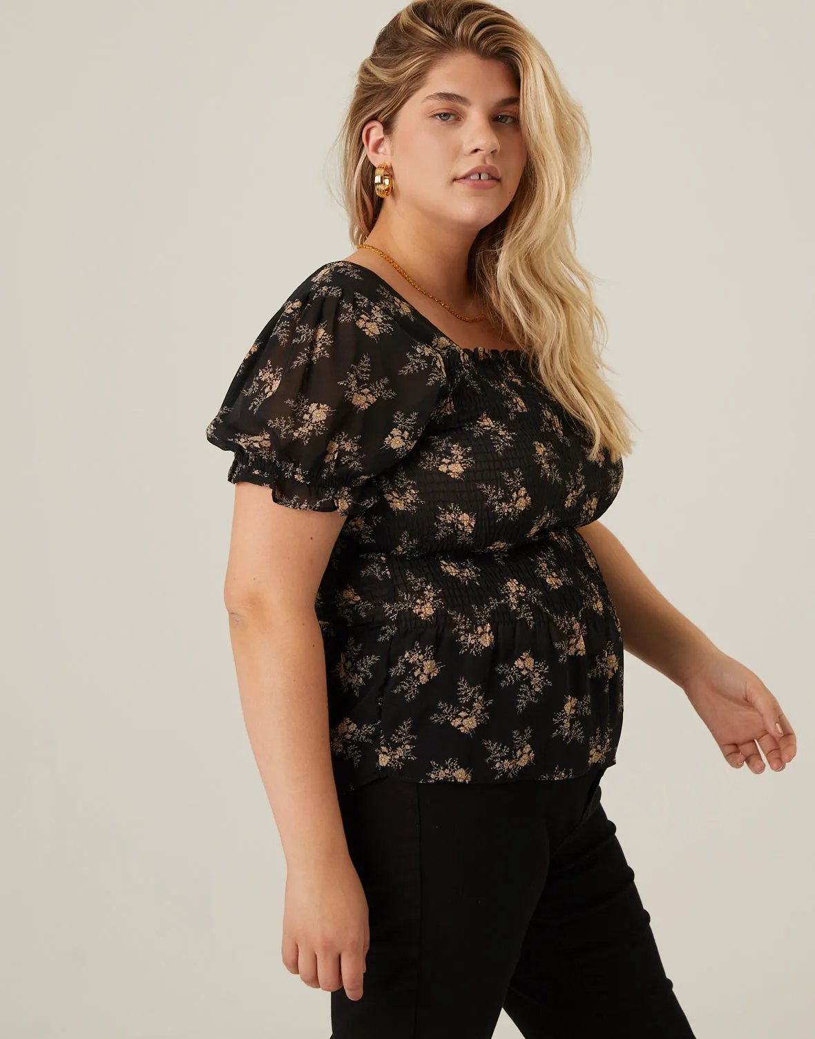 Plus Size Smocked Chiffon Floral Blouse