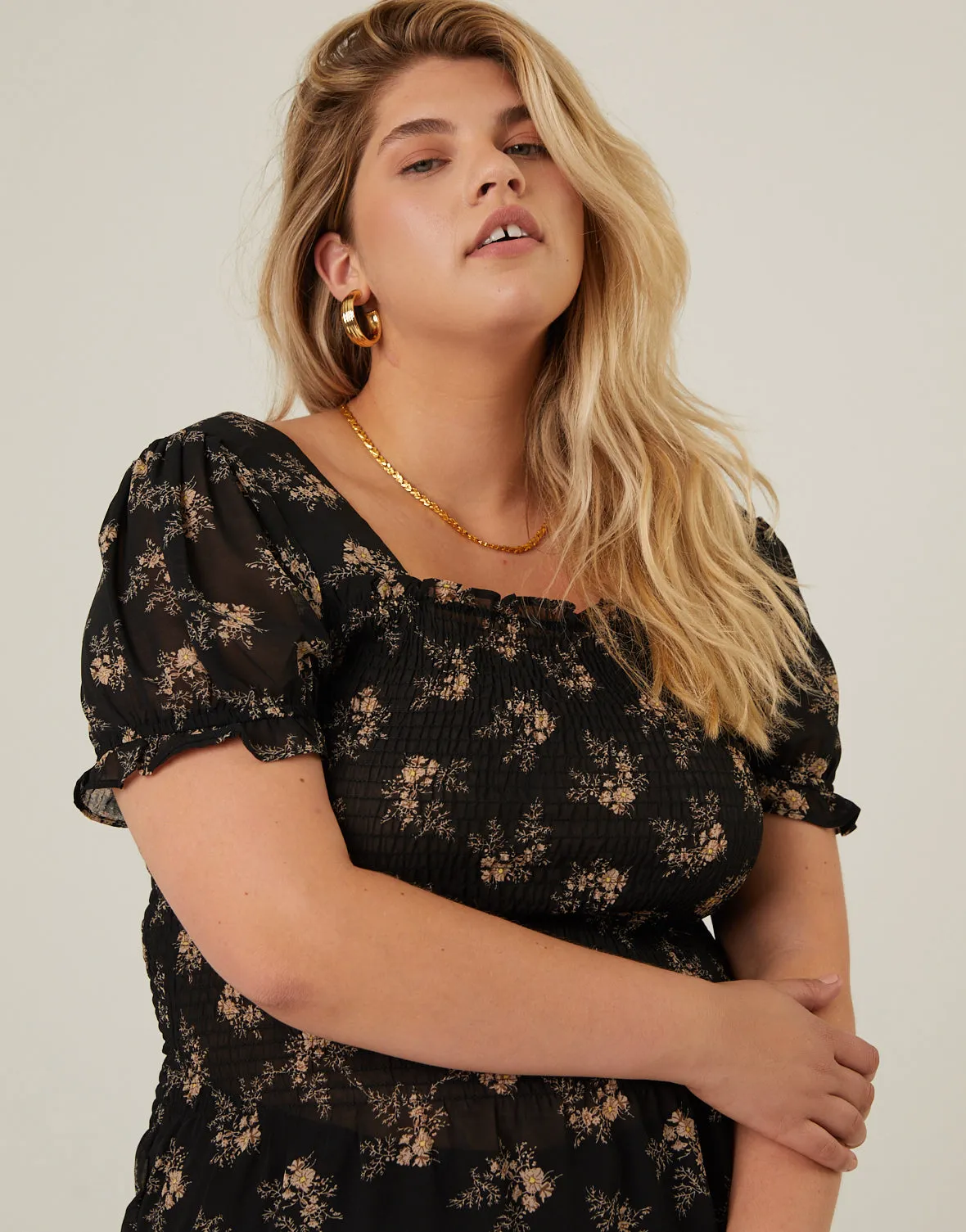 Plus Size Smocked Chiffon Floral Blouse