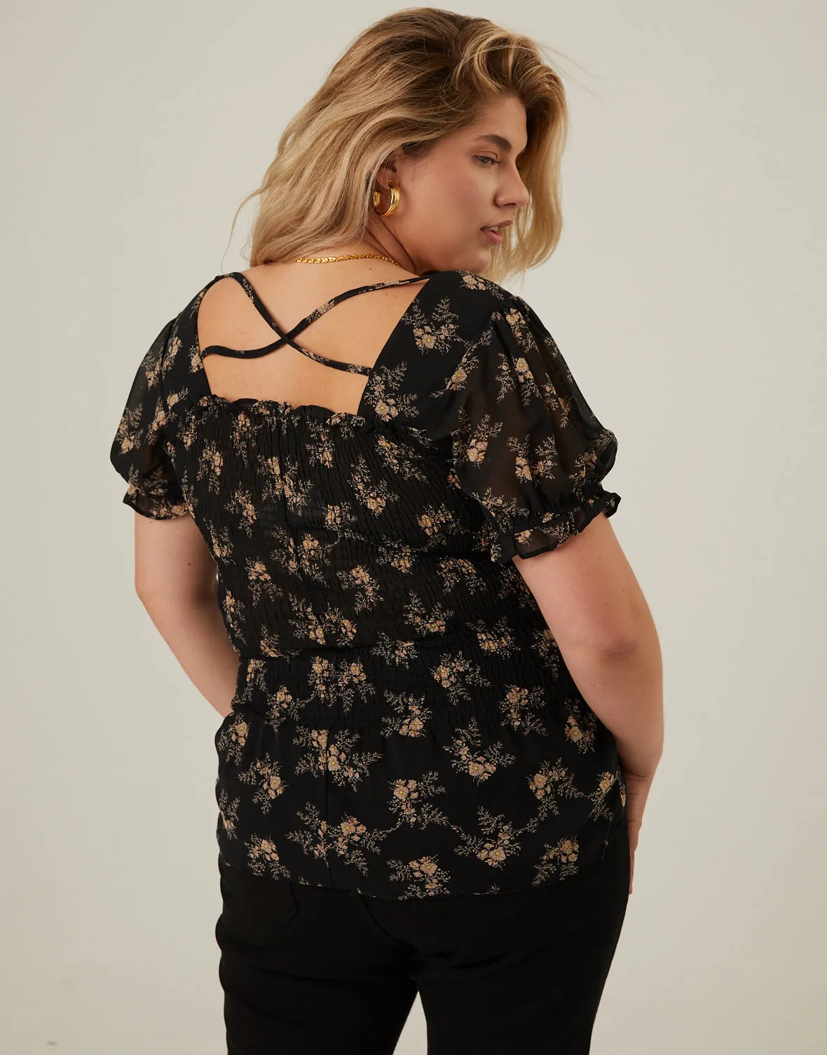 Plus Size Smocked Chiffon Floral Blouse